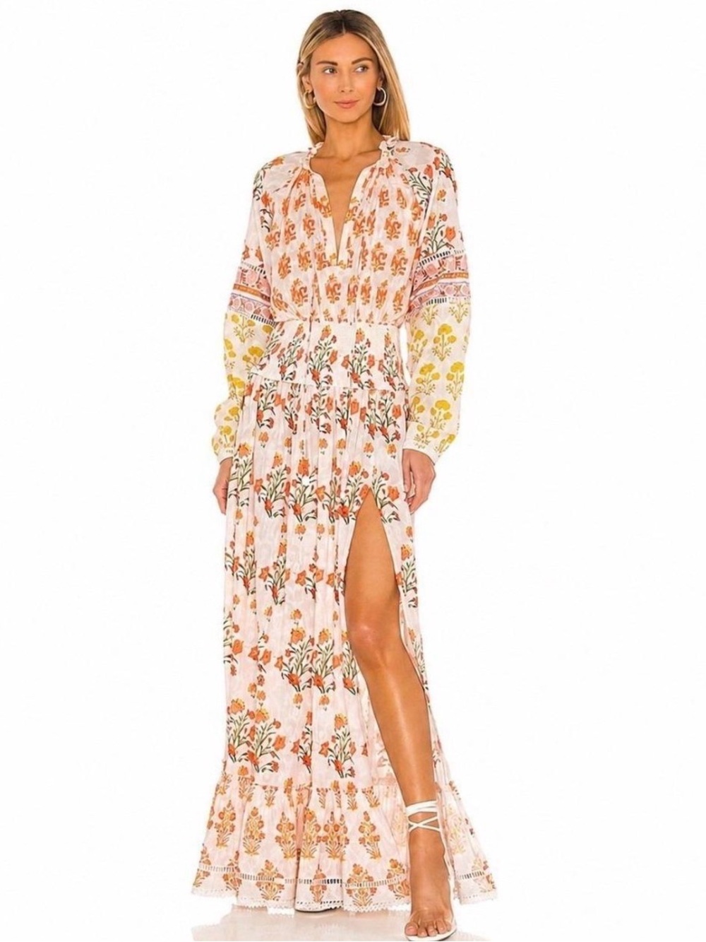 HEMANT & NANDITA White Floral Maxi Dress with Yellow/ Orange Accents